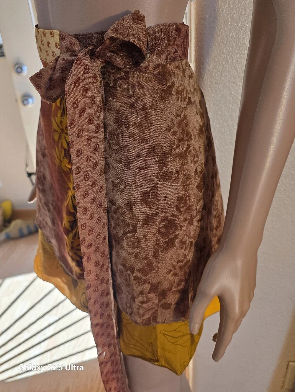 Earthbound Trading Co. Gold Burgundy  Wrap Skirt Mini Polyester Boho